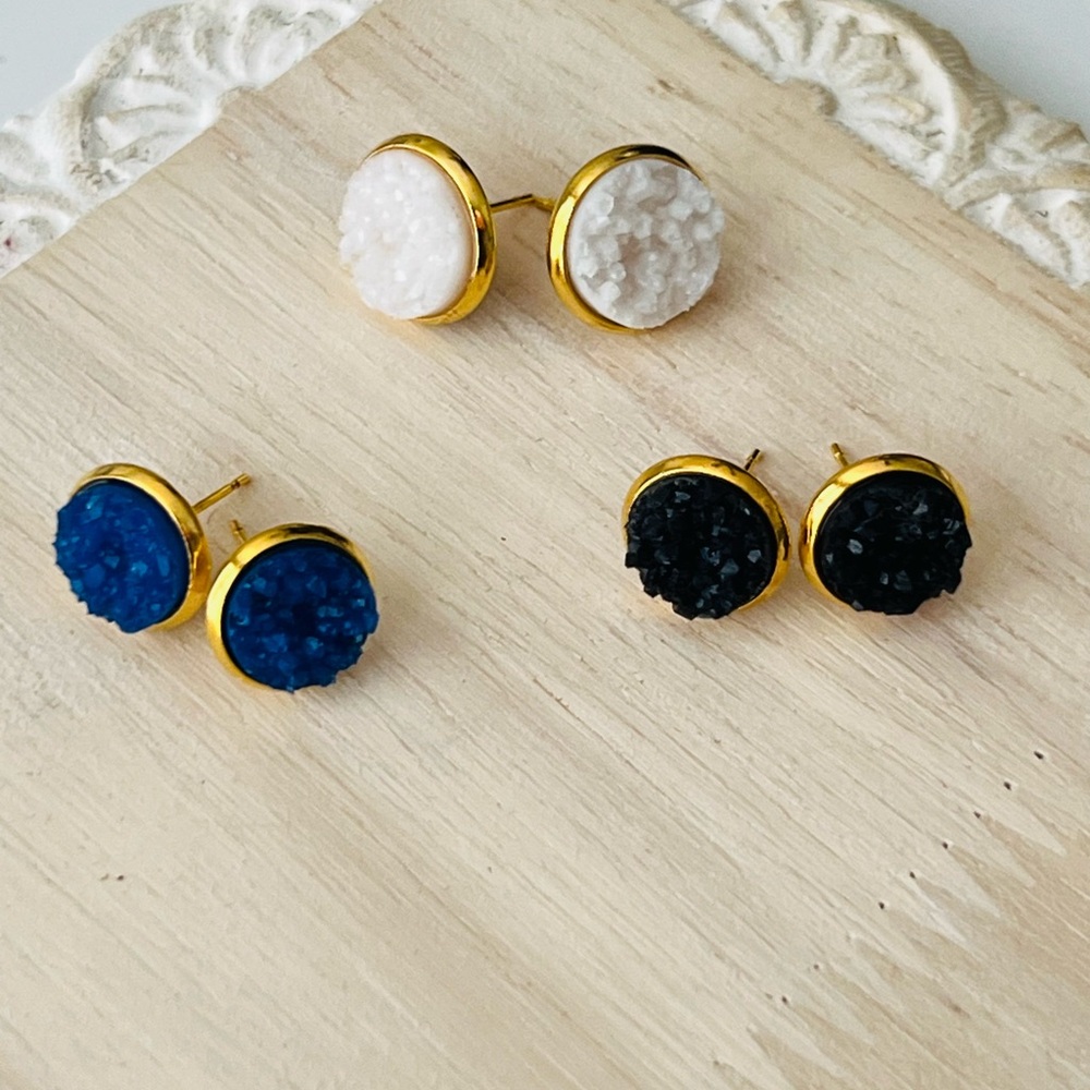 Gold and Blue Druzy Earrings with Sparkling Texture